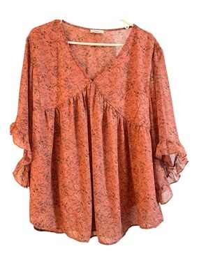 3/4 sleeve Rust Floral V-Neck Peasant Blouse - Women's Top